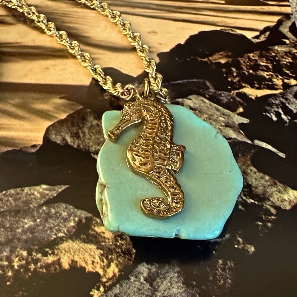 📦 REDUCED! Gold Seahorse on Turquoise Pendant Necklace
